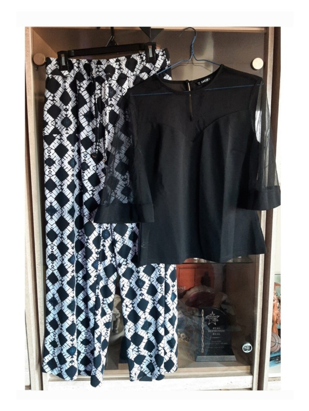 Sheer-Sleeve Black Blouse & Geometric Print Wide-Leg Pants Set